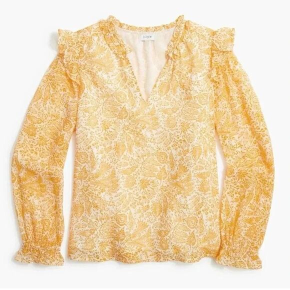 J. CREW | NWT Yellow White Leaf Paisley Print Balloon Sleeve Blouse Ruffle | XL - Picture 1 of 8